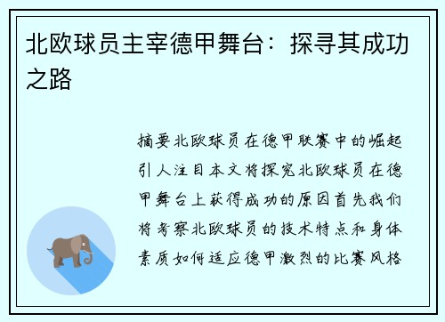 北欧球员主宰德甲舞台：探寻其成功之路